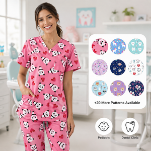 Ensemble de Blouse et Pantalon Médical pour Femme à Imprimé Animalier Adorable, en Polyester et Spandex, pour Infirmières Pédiatriques, Cliniques Dentaires et Hôpitaux, Livraison Rapide - Product Image 1