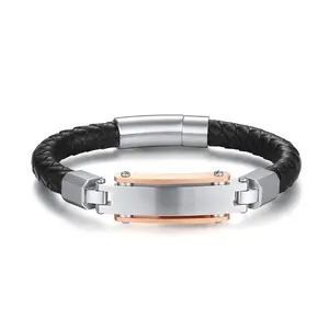 Classical Bayonet Clasp Stainless Steel Custom Fashion Personalized ID Name Leather Bracelet