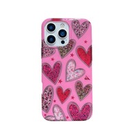 Coque de téléphone tendance en forme de cœur léopard rose scintillant pour iPhone 13 14 15 16 17 Pro Max, antichoc, souple, luxueuse et brillante