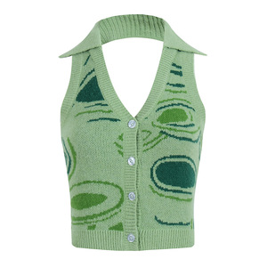 Summer women's new street fashion irregular pattern contrasting color hanging neck deep V-neck sexy <b>backless</b> cardigan tank <b>top</b> - Product Image 3