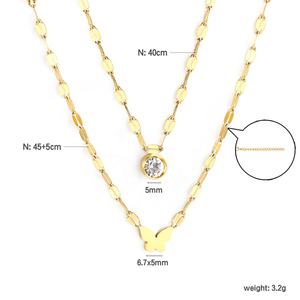 Collar de Moda en Acero Inoxidable, Chapado en Oro de 18K, Resistente al Agua, con Cadena en Capas, Colgante Redondo de Circonita y Mariposa - Product Image 2