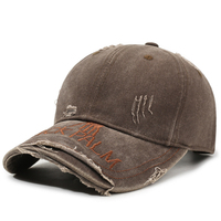 Topi Baseball Vintage Bordir Custom Kanvas Dicuci Berstruktur 6 Panel dengan Pinggiran Melengkung dan Tepi Rusak, Grosir OEM ODM