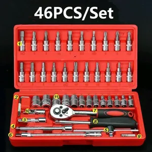 Kit d'outils mécaniques de 46 pièces, jeu de clés à douilles à <span class=keywords><strong>cliquet</strong></span> 1/4" <span class=keywords><strong>avec</strong></span> boîte de rangement, comprend des douilles à embouts et une barre d'extension - Product Image 3