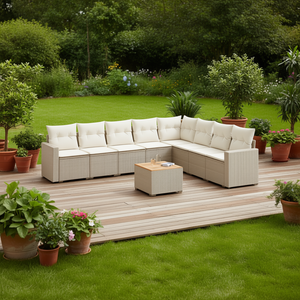 Ensemble de canapés de jardin beige en rotin PE tressé avec coussins en mousse haute densité, imperméable, design contemporain - Product Image 2