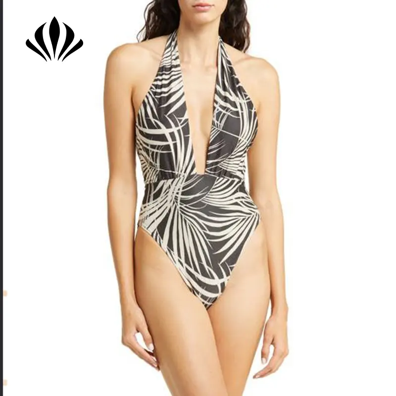 Nieuw Design Rugloze Sexy Hoge Taille Palm Halter Hals Eendelig Badpak Damesbadpakken Bikini Badmode