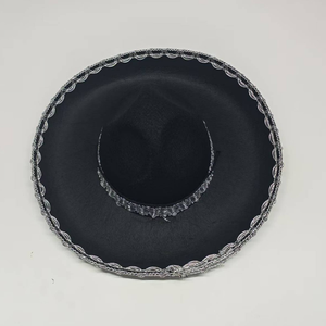 Chapeau mexicain à large bord en satin noir avec bordure argentée, chapeau de costume unisexe pour adultes - Product Image 1