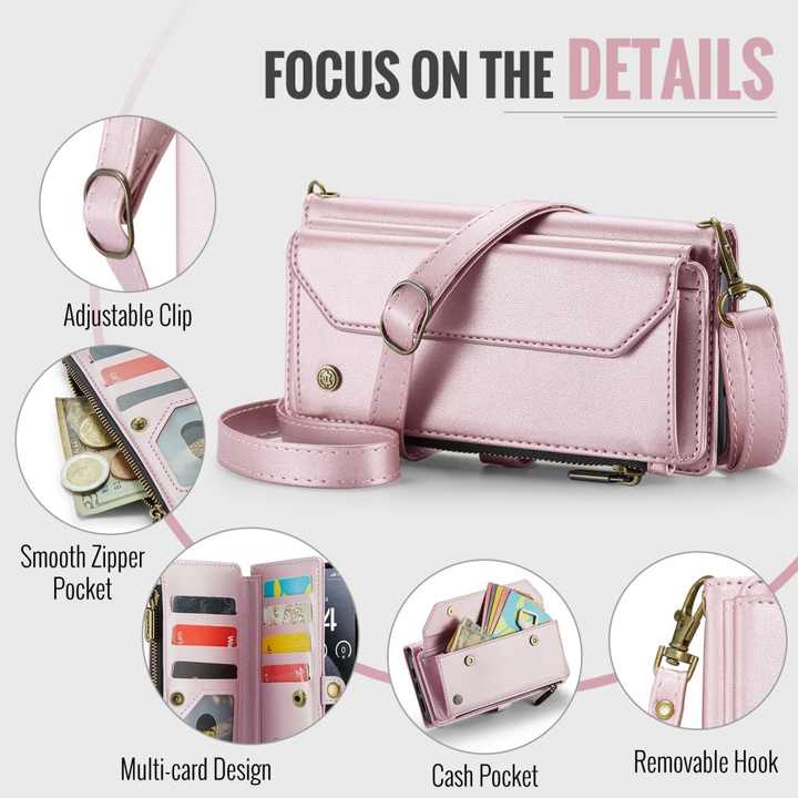 CaseMe Crossbody Leather Wallet Case for iPhone 16E 16 Pro 15 14 13 12 11 Pro XS Max XR 7 8 Plus Shoulder Strap Zipper Pocket