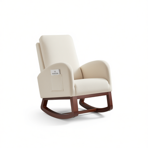 Sillón Mecedora de Respaldo Alto en Franela Beige con Patas Marrones y Bolsillo Lateral para Sala de Estar - Product Image 1