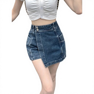 Mini-jupe asymétrique en jean taille haute unie en coton délavé pour femme, style décontracté d'été, coupe trapèze - Product Image 3