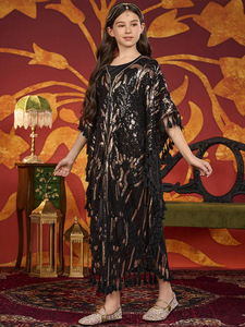 New Girls Muslim Sequin Embellished <strong>Kaftan</strong> Abaya with Tassels <strong>Black</strong> Islamic Kids Clothing - Product Image 2