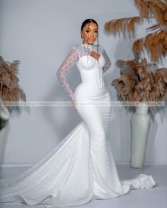Robes <span class=keywords><strong>de</strong></span> Mariée Sirène en Dentelle 2025 pour Mariée <span class=keywords><strong>Africaine</strong></span> avec Manches Longues Évidées, Traîne Balayage et Boutons, Robes <span class=keywords><strong>de</strong></span> Mariée Civiles <span class=keywords><strong>de</strong></span> Jardin Personnalisées - Product Image 4