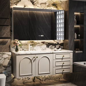 French-style Luxury Stone-Look Seamless Ceramic Integrated Basin Smart Multi-Function <b>Mirror</b> <b>Wall</b>-Mounted Bathroom Cabinet - Product Image 2