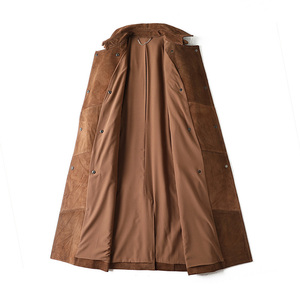 Nouveau design <span class=keywords><strong>Trench</strong></span>-Coat café en cuir sudé de couleur unie Veste en cuir de vachette mi-longue pour femmes avec ceinture - Product Image 3