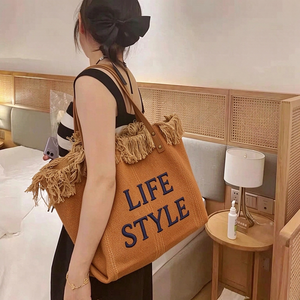 Bolsos de Playa Personalizados con Letras Bordadas, Bolsos de Hombro de Lona para Mujer, con Borlas, Casuales, con Forro de Poliéster Sólido - Product Image 3