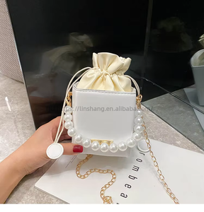 New Arrivals Women Handle Crossbody Purse Box <b>Handbags</b> Pearl <b>Chain</b> Top Handle Bucket Bag - Product Image 5
