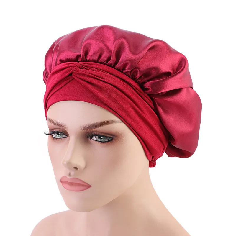 מוצק סאטן מצנפת עם רחב למתוח קשרי ארוך שיער טיפול לילה נשים כובע להתאים שיער סטיילינג כובע משי ראש לעטוף מקלחת כובע