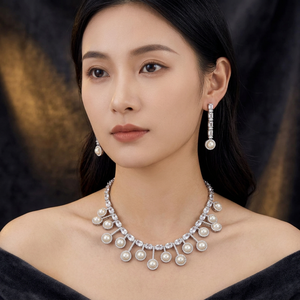 ชุดสร้อยคอและต่างหูแบบห้อยประดับมุกและเพชร CZ ชุบโรเดียมหรูหรา สำหรับงานหมั้น งานแต่งงาน และงานเลี้ยงสำหรับผู้หญิง - Product Image 2