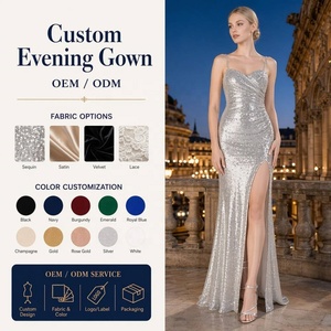 Vestido de Noche Formal OEM con <span class=keywords><strong>Lentejuelas</strong></span> Plateadas, Tirantes Finos, Escote Corazón, Columna, Abertura Alta y Largo hasta el Suelo - Product Image 1