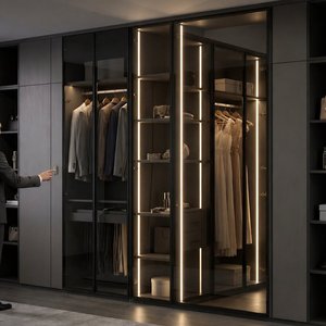 Armoire moderne de luxe avec porte vitrée, cadre noir mat, bande LED verticale, système de rangement personnalisé pour chambre à coucher, armoire sur mesure - Product Image 1