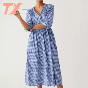 TUOYI Elegant Summer Long Plaid Midi Fashion Cotton Blue Casual Sun Woman Dress