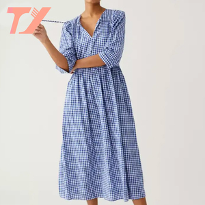 TUOYI elegante abito estivo in cotone blu stile Casual a quadri lunghi per le donne per le uscite al sole - Product Image 1