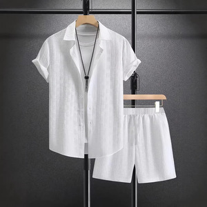 Ensemble deux pièces décontracté style européen pour <span class=keywords><strong>homme</strong></span>, col rabattu, manches courtes, en tissu de lin, idéal pour l'été, vente chaude - Product Image 1