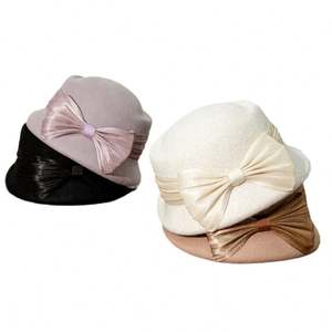 A120604 Chapeau en feutre 100% laine pour femme, couleur unie, béret élégant à bord incurvé, chapeau décontracté avec fleur et nœud - Product Image 6