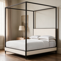 Lit à baldaquin moderne et minimaliste en bois massif avec tête de lit capitonnée crème, lit plateforme à profil bas pour chambre à coucher
