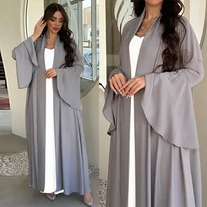 Eid Fashion Elegant Middle East 2 Piece Muslim Women's Suit Set Solid Color Dress Conservative Flared Sleeve Robe maxi dress ladies muslim