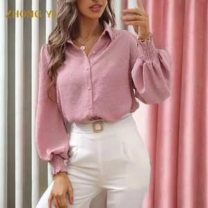 Vente en gros de vêtements personnalisés pour femmes chemisier Jacquard uni revers manches ballons amples poignets élastiques bras longs chemises décontractées hauts - Product Image 1