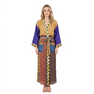 ART&ART Kimono indien patchwork 100% soie, col en V, manches longues, tenue décontractée d'été, tissu non tissé, doux et confortable, ceinture haute - Product Image 1