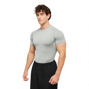Men's Grey Short Sleeve Compression <b>Shirt</b> Slim Fit Quick Dry Sporty O-Neck Knitted <b>Polyester</b> <b>T</b>-<b>Shirt</b> - Product Image 3