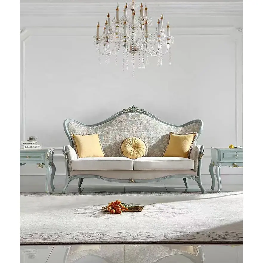 Sofá de lujo de tela de madera maciza de estilo tradicional europeo, juego de franela Jacquard Pastoral francés para apartamentos de Hotel y sala de estar
