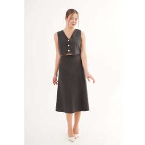 Wholesale Premium Black Suede Vest and Skirt Set <b>2</b>-<b>Piece</b> Office <b>Lady</b> <b>Outfit</b> for Summer Above Knee Length - Product Image 2