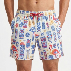 Custom Logo Flamingo Sublimation Print Men's Beach Shorts Quick Dry Drawstring Swim Trunks Elastic Waist Surf Board Shorts