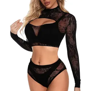 Nightwear Fishnet top and bottom woman lingerie set Sexy Bodysuit Two Piece Babydoll for women transparent bra exotic
