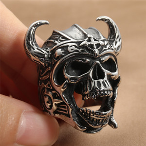 Skull <b>Ring</b> Men's Punk Style <b>Titanium</b> Steel Silver Red Eyes Viking Helmet Design Fashion Jewelry Gift 24040 - Product Image 4