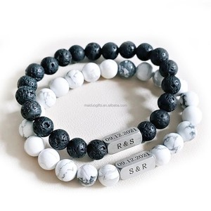 Bracciale Personalizzato <span class=keywords><strong>Lanson</strong></span> in Acciaio Inox con Perle di Pietra Vulcanica e Turchese Bianco, Regalo per Coppie - Product Image 4