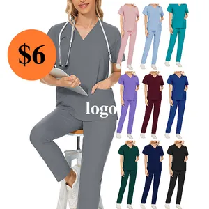 OEM özel baskı logosu unisex gri renk kliniği hastane ameliyathane doktor hemşire sccute sevimli uniforme hastane