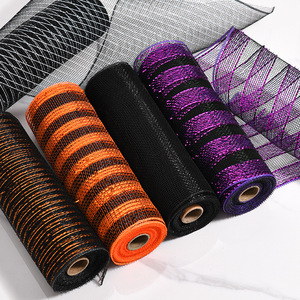 Pita Jala Dekorasi Halloween, Kain Jala Hitam dengan Strip Foil Metalik, Gulungan Jala Keras untuk Pembuatan Karangan Bunga DIY untuk Pesta Halloween - Product Image 4