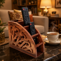 Boîte organisatrice de bureau sculptée à la main, support en bois pour 5 télécommandes