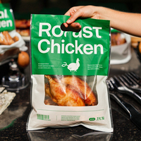 Sachet rétractable en PE imprimé sur mesure avec poignée découpée, fenêtre transparente, film résistant à la chaleur, recyclable, pour poulet rôti et aliments cuisinés