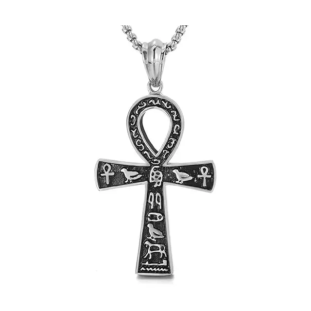 Ankh-Kreuz-Halsband, Schlüssel zum Leben Anhänger mit Ägyptischen Hieroglyphen-Zeichen, Edelstahl-Halsband Amulet