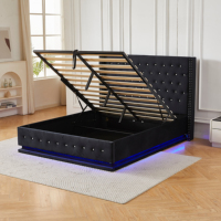 Cadre de lit de rangement en velours noir avec LED, lit plateforme rembourré à relevage hydraulique et capitonnage en cristal diamant, vente en gros de cadres de lit