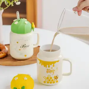 Cute Bee Ceramic with Silicone Cover Glass Straw Large Capacity Student Female Scented Tea Cup Office Mug