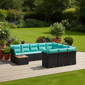 Set Divano da Esterno in Polyrattan Nero con Cuscini, 10 Posti, Arredamento da Giardino dal Design Contemporaneo - Product Image 2