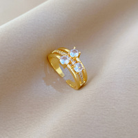HY Zirkon Vierblättriges Kleeblatt Jubiläums-Trendringe 18K Vergoldeter Edelstahl Verstellbarer Offener Ring für Damen