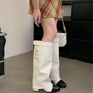 סגנון צרפתי עגול צבע הבוהן חסם מגפיים עם רב-תכליתיים ועבים הברך מגפיים מעור אמיתי עור לנשים - Product Image 6