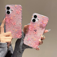 Pour Apple 17 Air étui de téléphone portable fleur rose papillon iPhone 16 Pro Max couverture transparente à paillettes coque de téléphone en gros