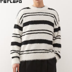 Pull en laine à rayures noires et blanches, tricot texturé duveteux personnalisé, col rond, manches longues, style streetwear décontracté, vente en gros, direct usine - Product Image 1